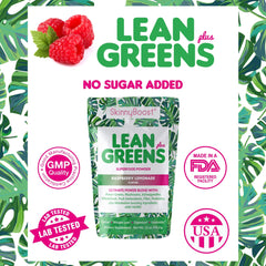 SkinnyBoost Lean Greens Plus scoop poured into a glass for energy.
