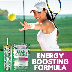 SkinnyBoost Lean Greens Plus raspberry lemonade powder in a scoop.