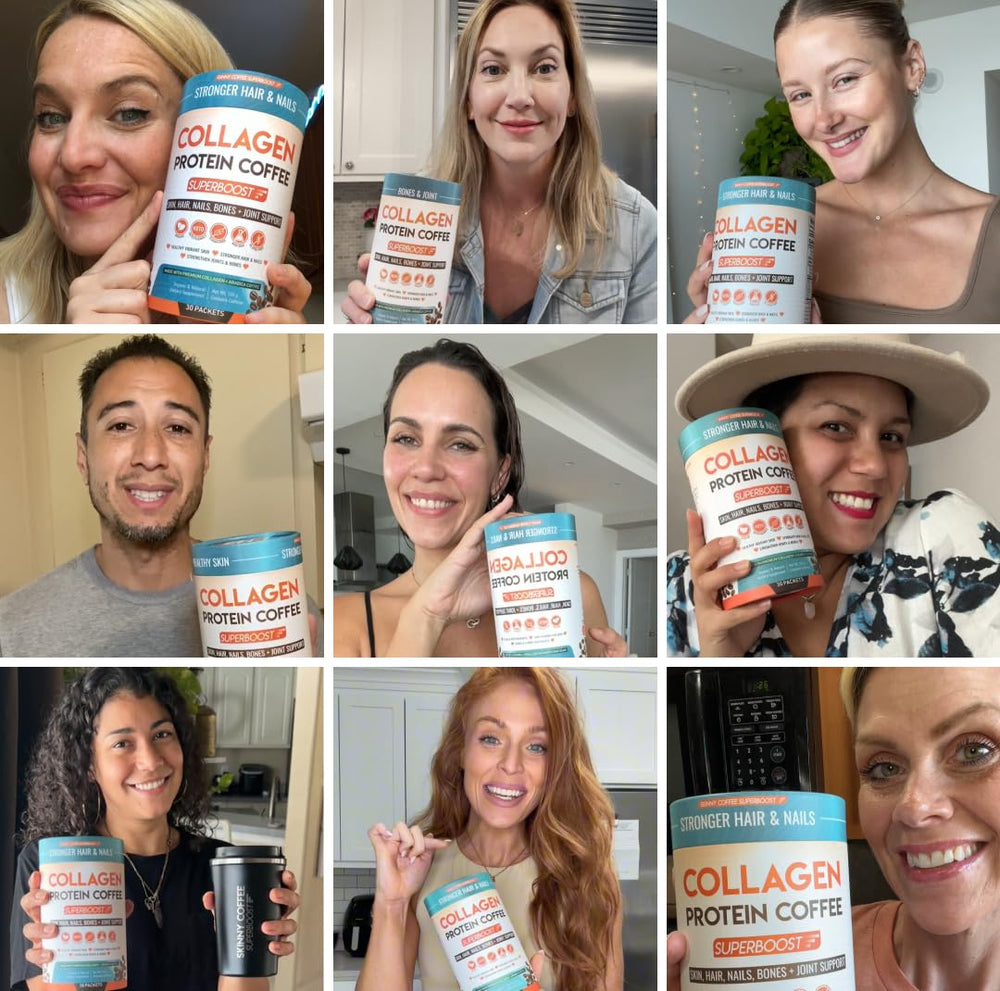 Illustration celebrating skin, hair, nails, and joints with Skinny Coffee SuperBoost.
