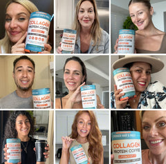 Illustration celebrating skin, hair, nails, and joints with Skinny Coffee SuperBoost.