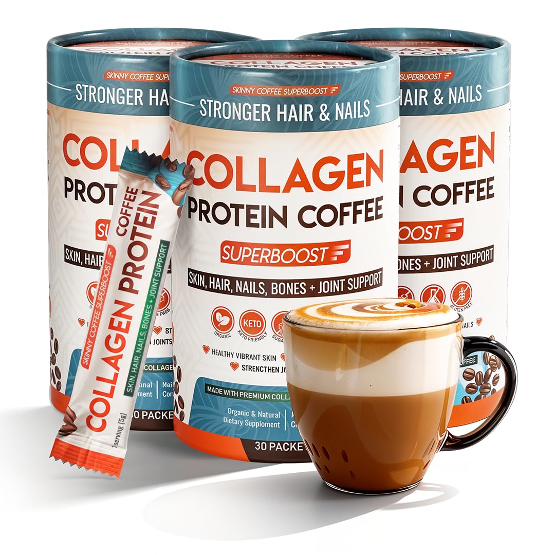 Skinny Coffee SuperBoost collagen powder cup promotes steady energy and focus.