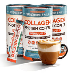 Skinny Coffee SuperBoost collagen powder cup promotes steady energy and focus.