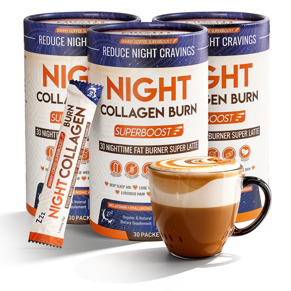 Skinny Coffee SuperBoost Night Collagen Burn bottle-top close-up for restful sleep and metabolism support