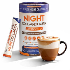 Skinny Coffee SuperBoost Night Collagen Burn bottle on desk supports restful sleep