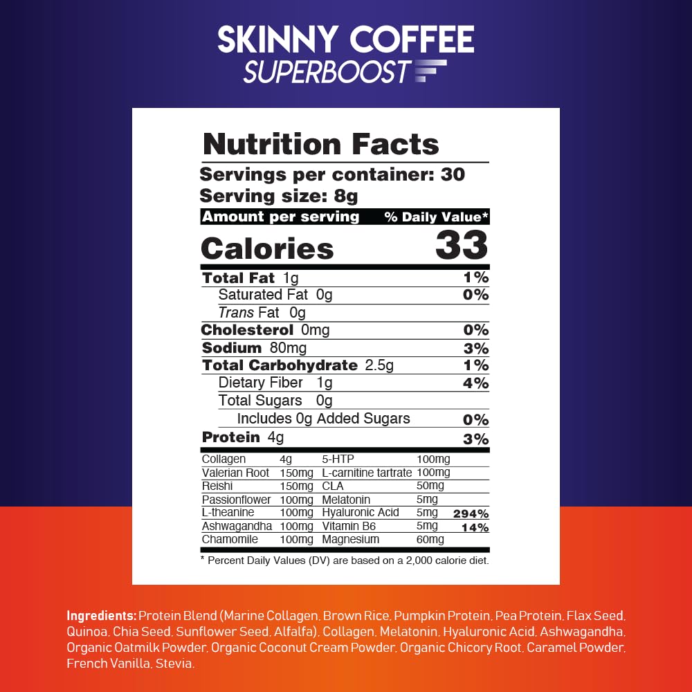 Skinny Coffee SuperBoost Night Collagen Burn ingredients label shown for premium sleep aids