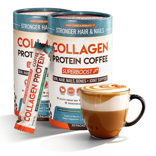 Skinny Coffee SuperBoost packaging and label highlighting premium collagen coffee.