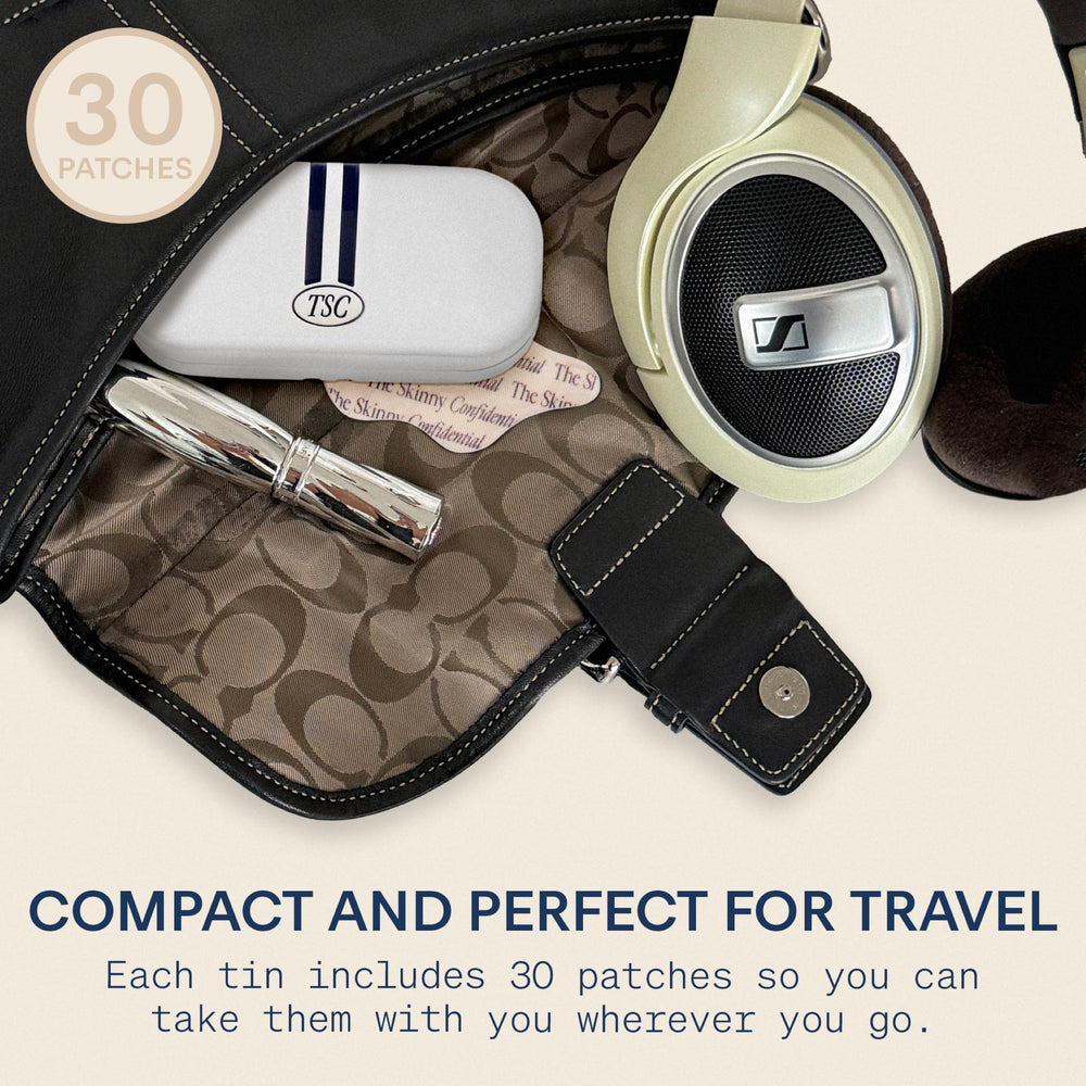 Tin interior view showing patches in The Skinny Confidential packaging
