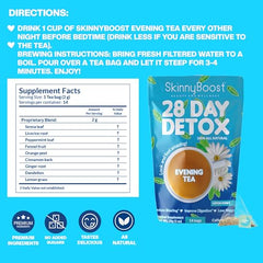 SkinnyBoost Evening Tea Bags shown with lemon honey flavor for soothing digestion and gentle bloating relief.
