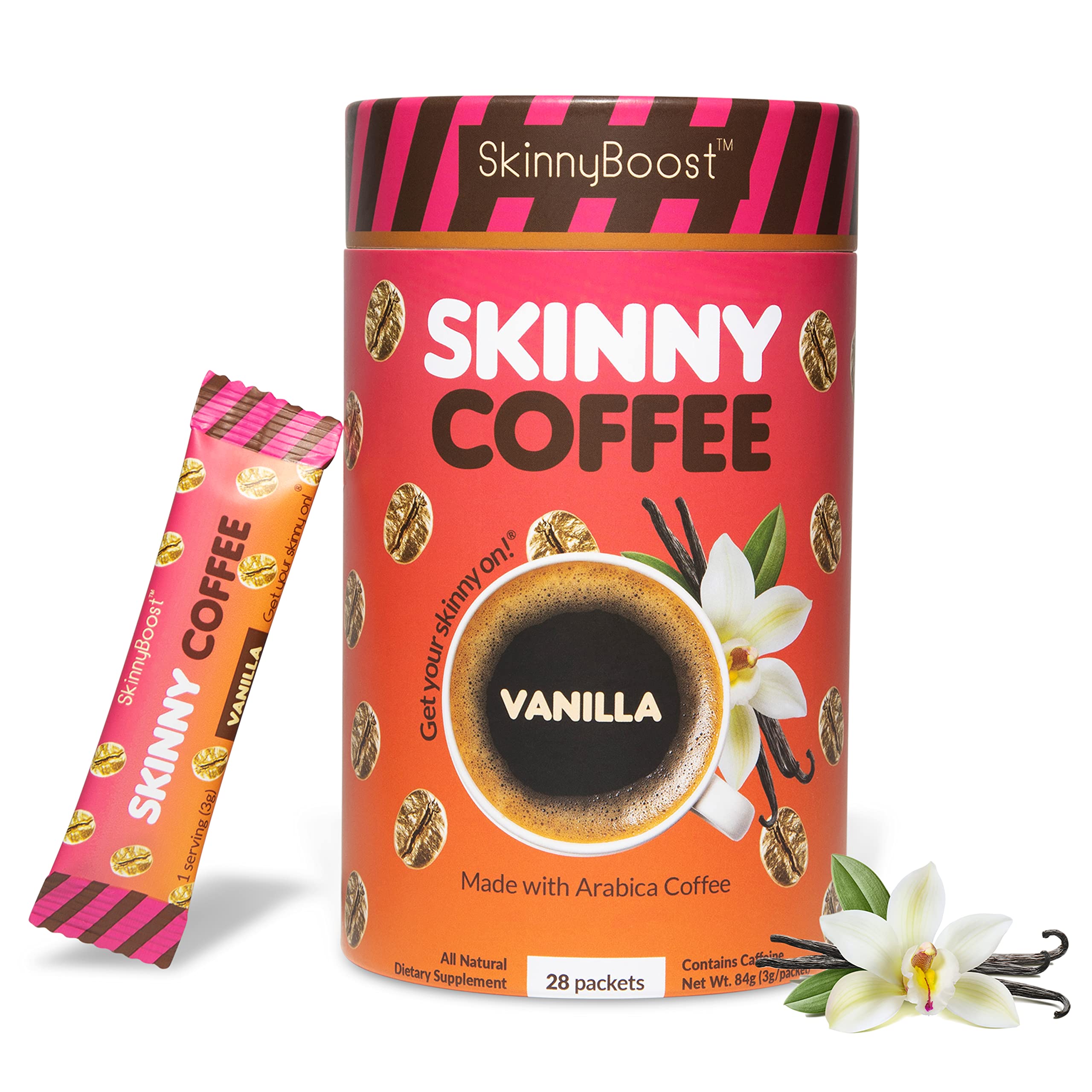SkinnyBoost vanilla coffee sticks packaging highlight keto-friendly ingredients