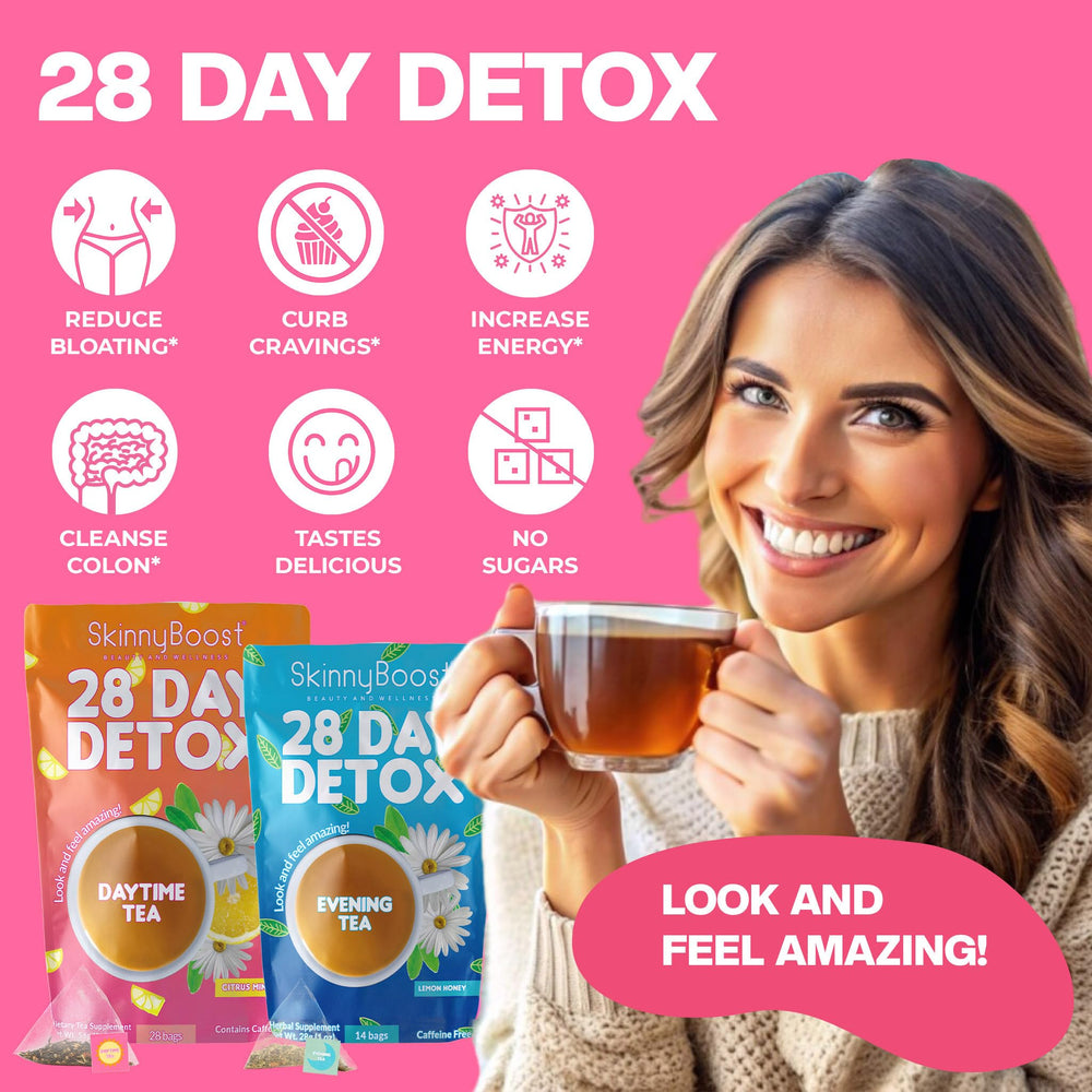 SkinnyBoost Lemon Honey Evening Tea close-up emphasizing soothing flavor and digestion-friendly option.