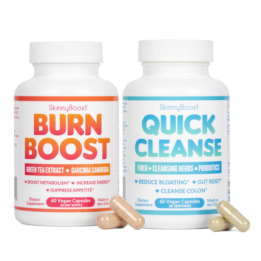 SkinnyBoost Quick Cleanse bottle front, supports gentle detox and bloating relief.