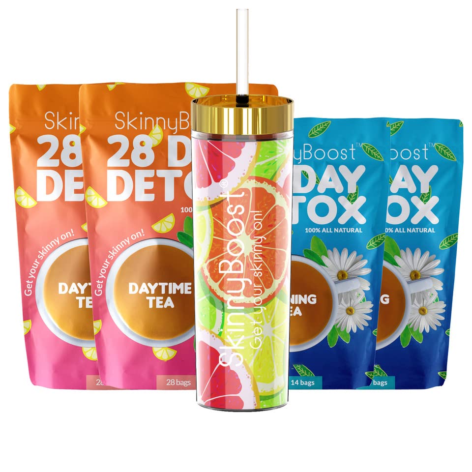 SkinnyBoost Tea Kit 2 Pack shown with included tumbler and teas for daily wellness