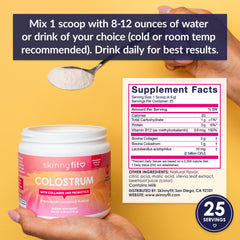 SkinnyFit Colostrum Powder Collagen Peptides bottle highlighting skin, hair, and nail nourishment.