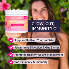 Glass with mixed SkinnyFit Colostrum Powder Strawberry Lemonade for convenient daily hydration.
