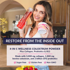 SkinnyFit Colostrum Powder Strawberry Lemonade tub open for easy at-home mixing for gut health.