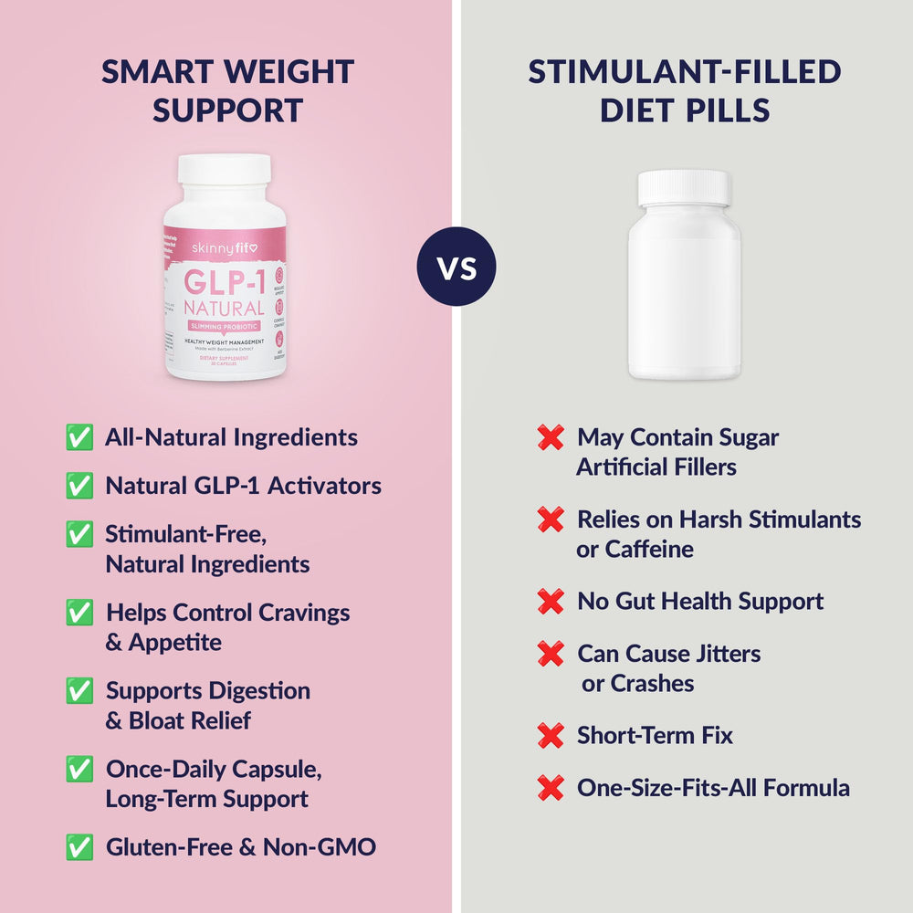 SkinnyFit GLP-1 Natural bottle with gluten-free labeling for dietary needs.