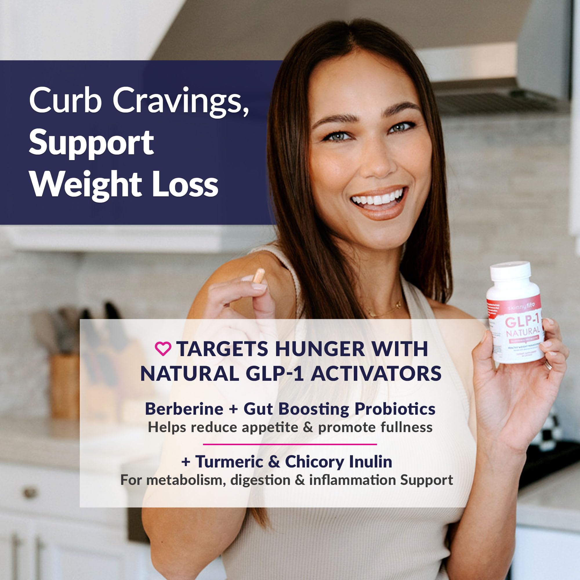 SkinnyFit GLP-1 Natural probiotic blend label highlights gut health benefits.