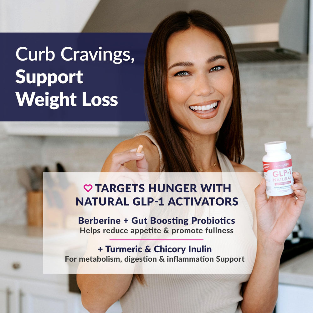SkinnyFit GLP-1 Natural probiotic blend label highlights gut health benefits.