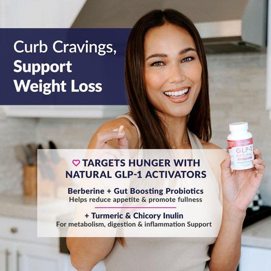SkinnyFit GLP-1 Natural probiotic blend label highlights gut health benefits.
