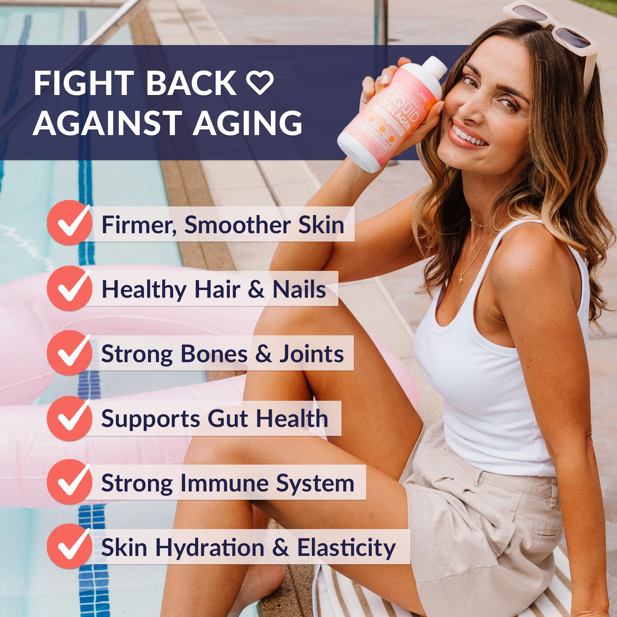SkinnyFit Liquid Collagen Tropical Mango glass with drink emphasizes hydration-friendly beauty support