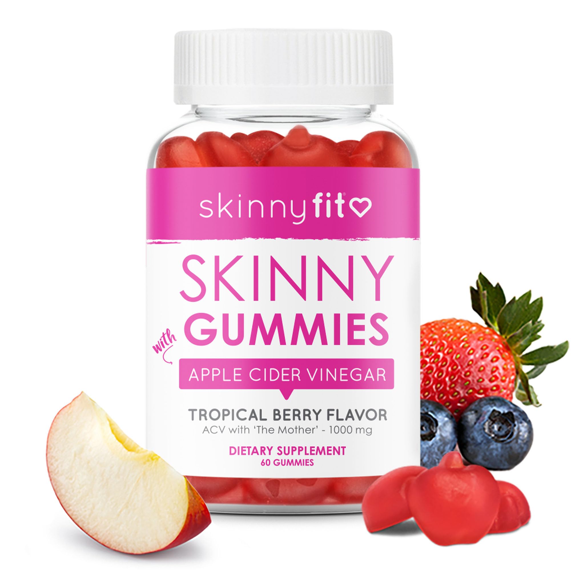 SkinnyFit Apple Cider Vinegar Gummies bottle-front for convenient vegan wellness.