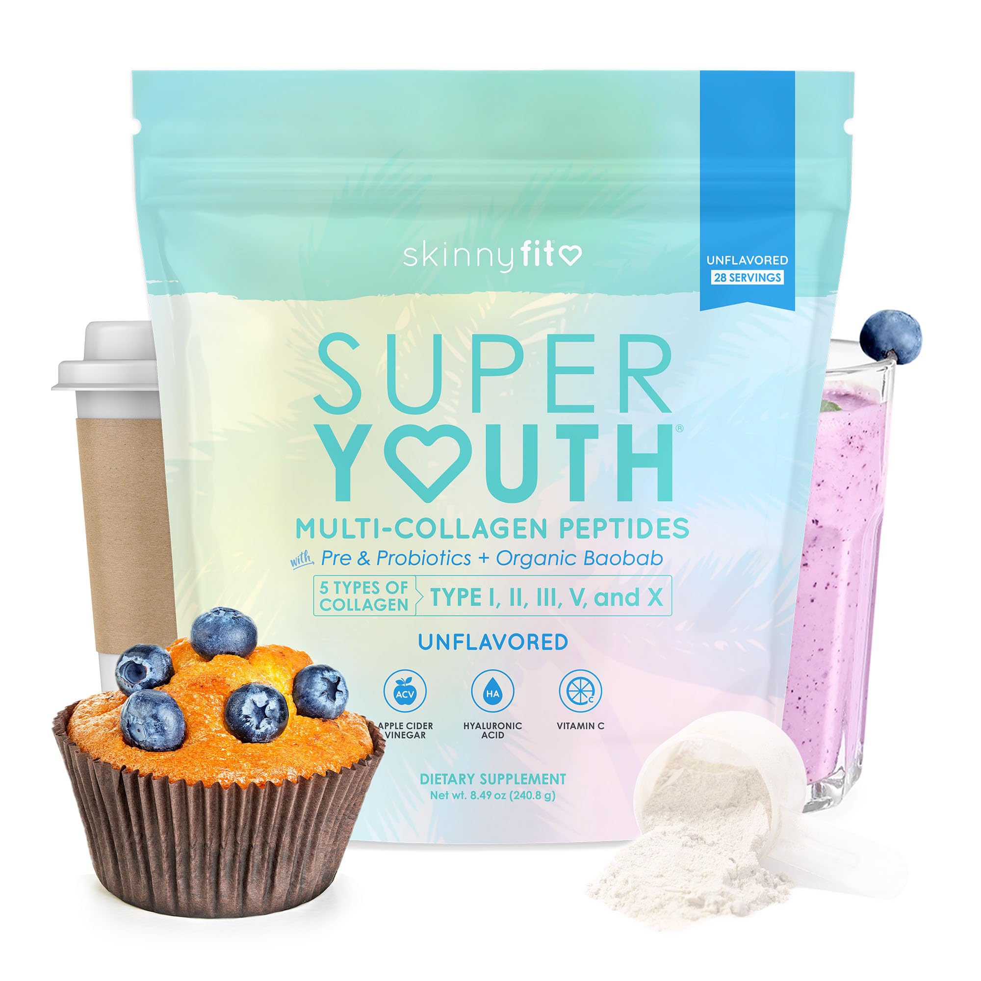 SkinnyFit Super Youth Collagen bottle on the counter, supporting daily beauty and wellness.