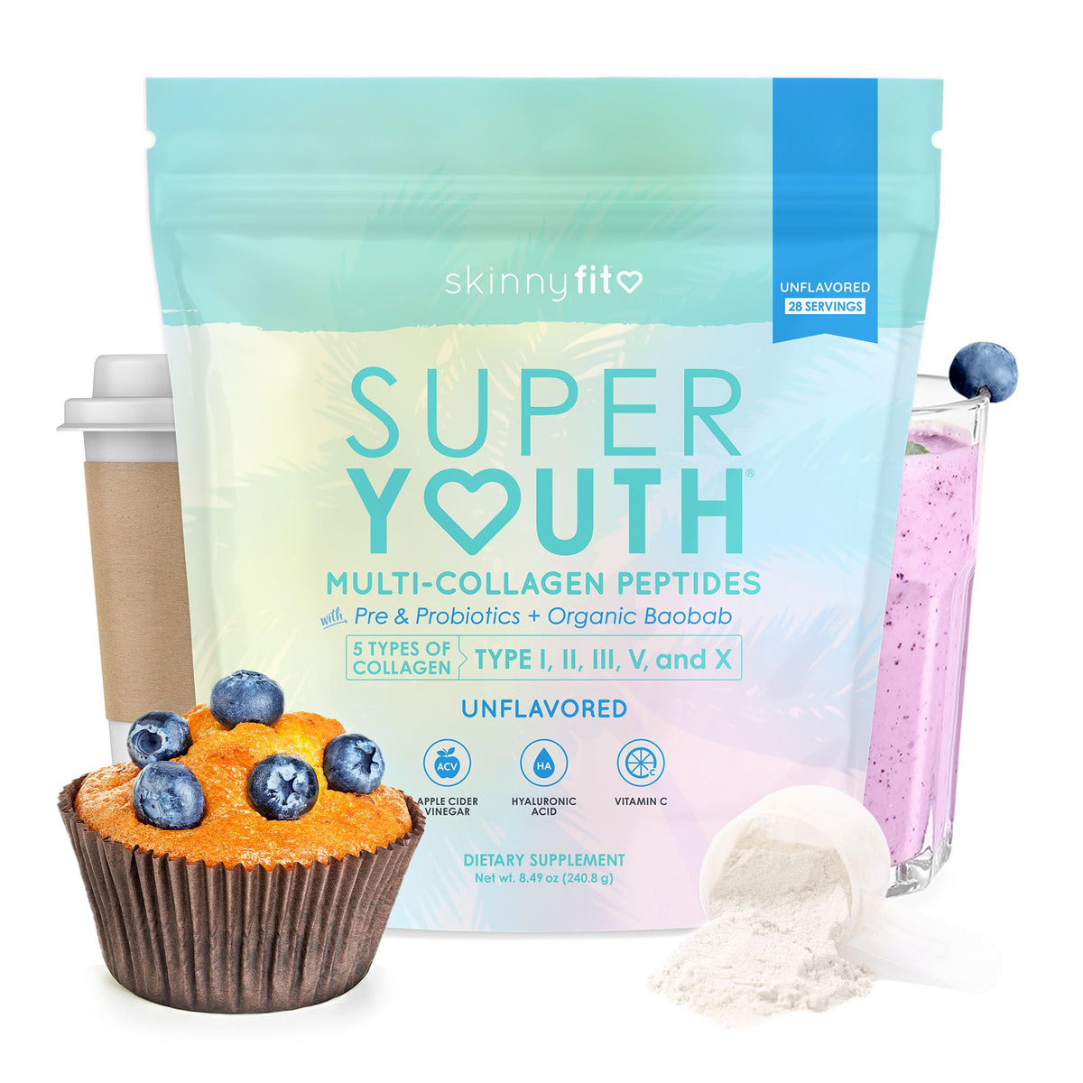 SkinnyFit Super Youth Collagen bottle on the counter, supporting daily beauty and wellness.