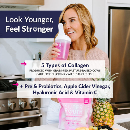 Scoop of SkinnyFit Super Youth Collagen ready to mix for daily beauty support.