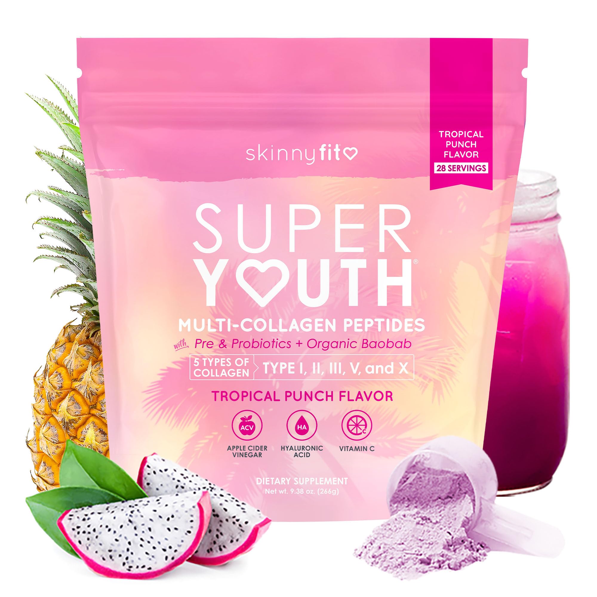 SkinnyFit Super Youth Collagen Tropical Punch tub highlights a multi-collagen blend for skin and joints.