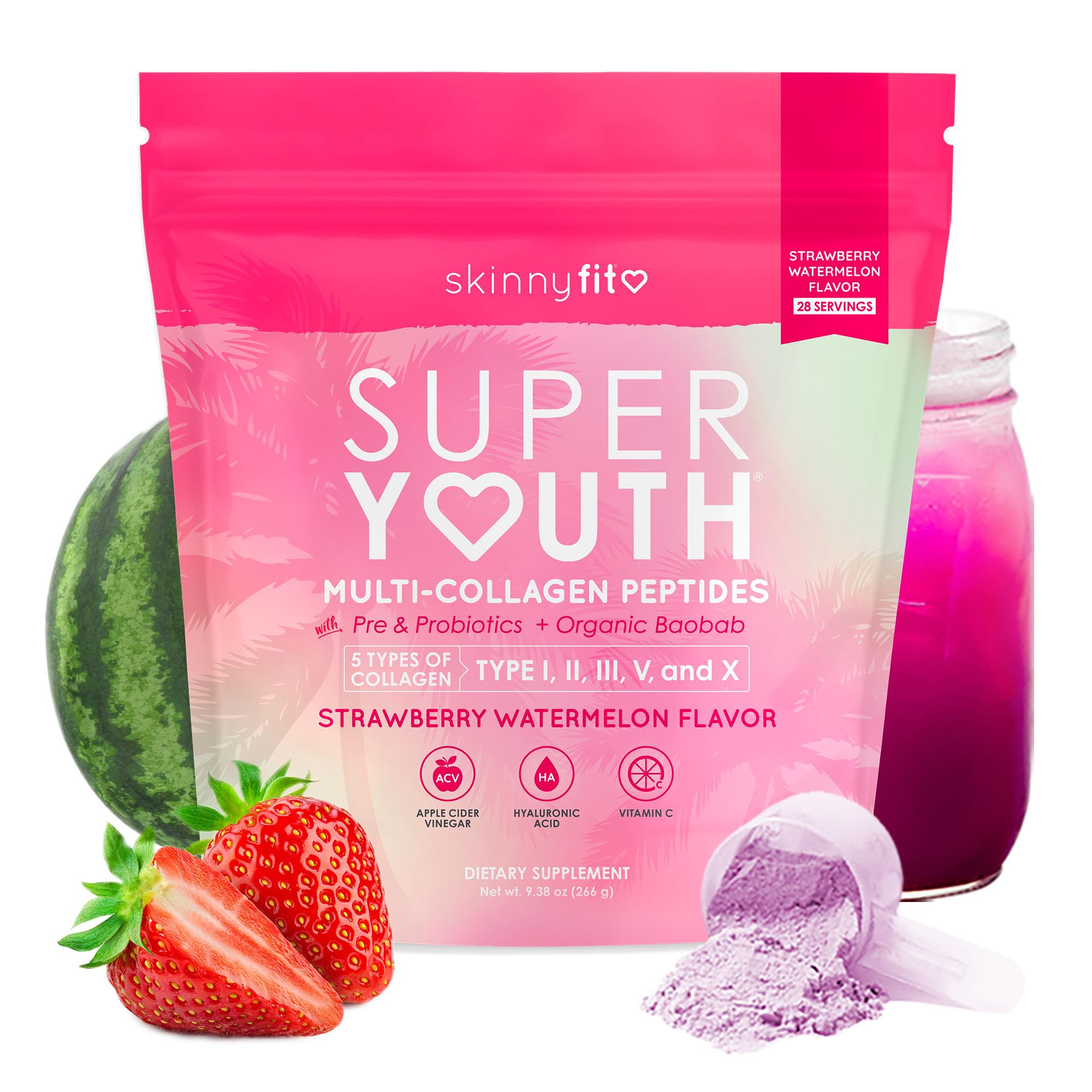 SkinnyFit Super Youth bottle front view highlighting collagen blend for skin and joints.