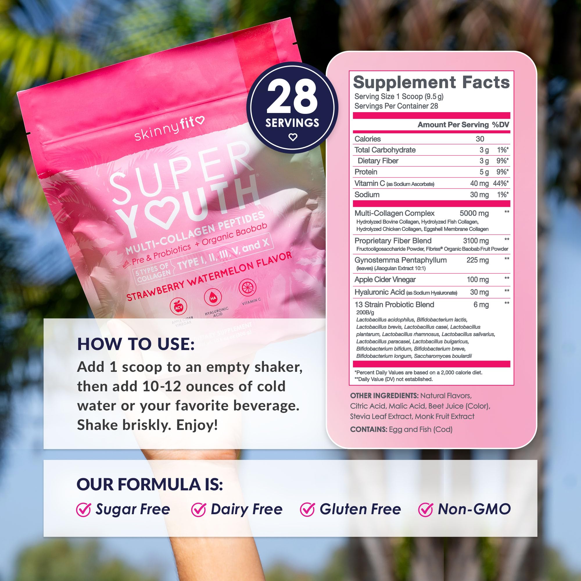 SkinnyFit Super Youth poured strawberry watermelon drink in glass.