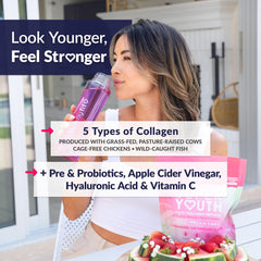 SkinnyFit Super Youth ingredients panel close-up showing probiotics and hyaluronic acid benefits.