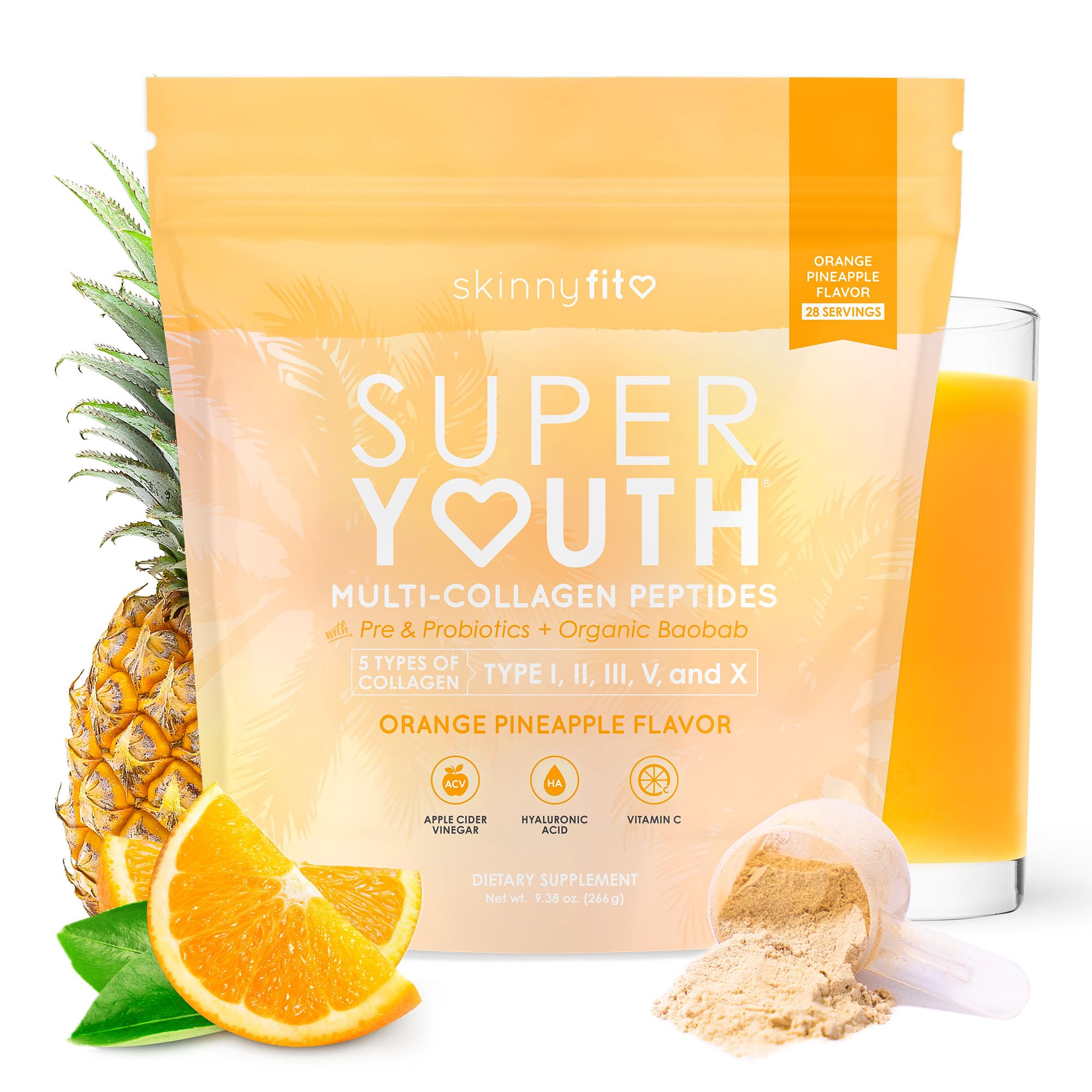 SkinnyFit Super Youth orange pineapple tub front showing vibrant packaging for skin and joint support
