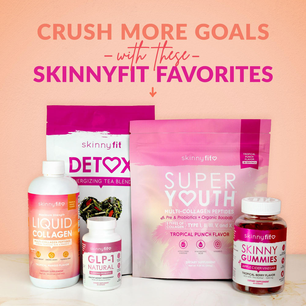 SkinnyFit Super Youth Collagen packaging highlights five collagen types and hyaluronic acid.