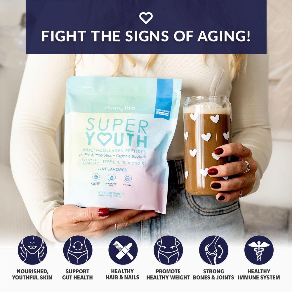 Pour SkinnyFit Super Youth Collagen powder into water for convenient hydration and digestion.