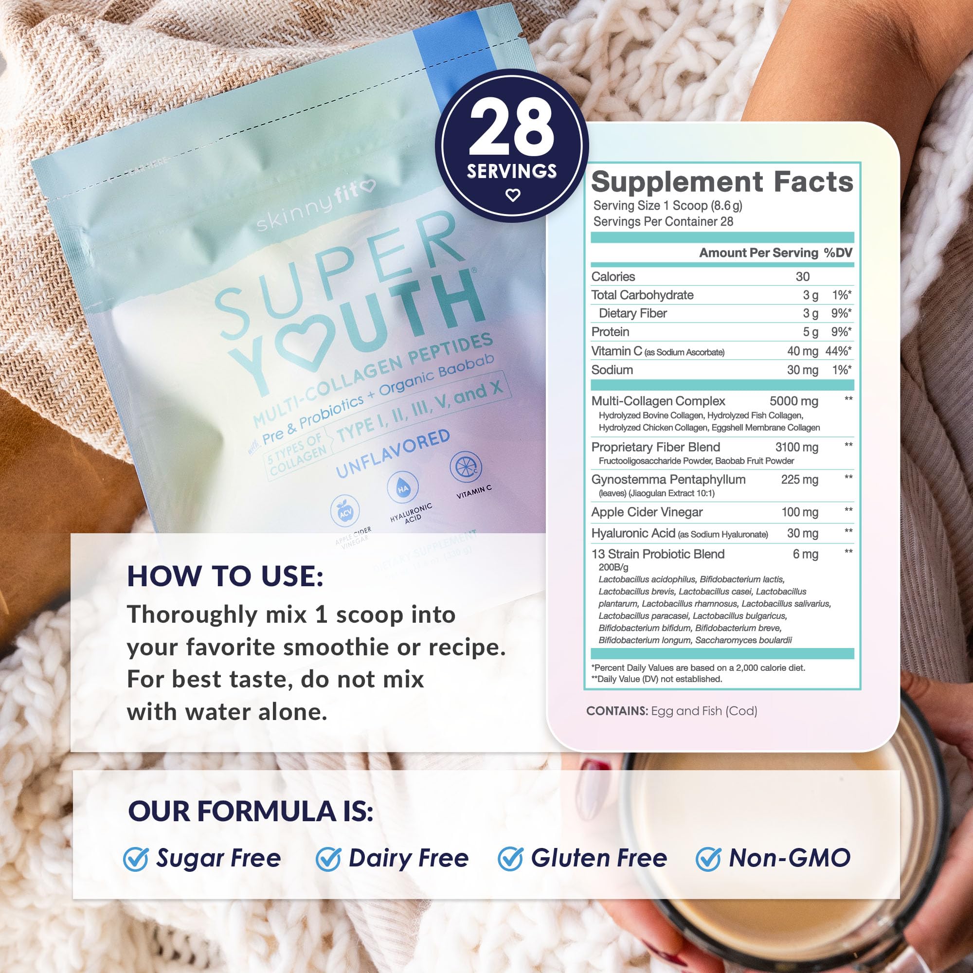 Close-up of SkinnyFit Super Youth Collagen powder, showing smooth mixability.