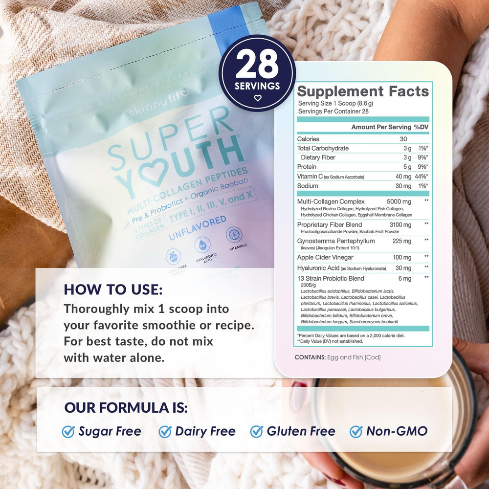 Close-up of SkinnyFit Super Youth Collagen powder, showing smooth mixability.