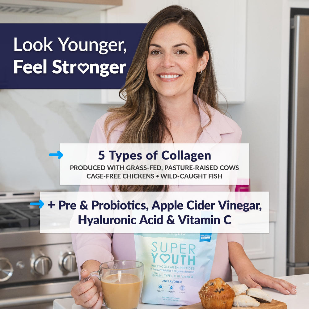 SkinnyFit Super Youth Collagen scoop beside a glass, ready to support skin and joints.