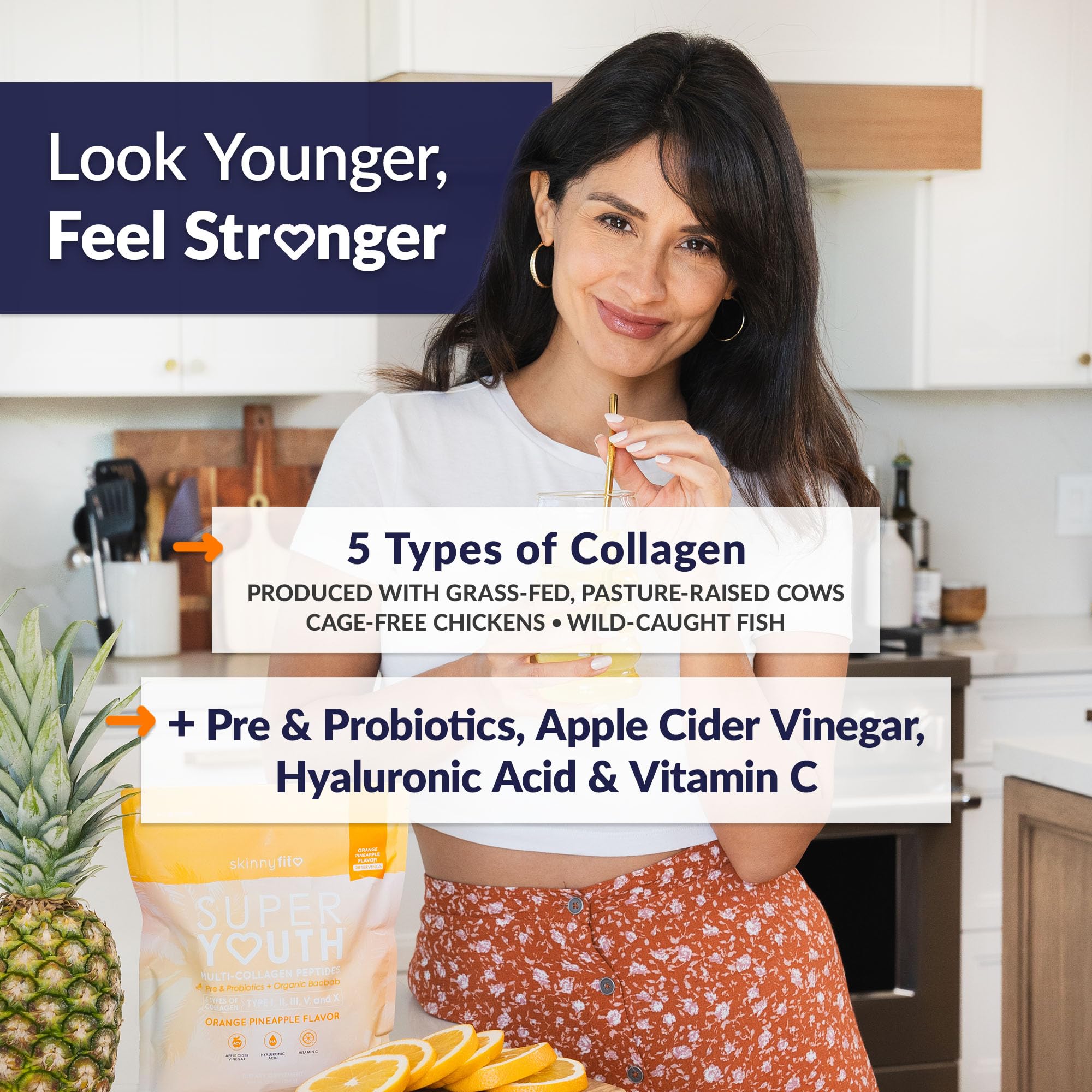SkinnyFit Super Youth bottle label close-up highlighting collagen and probiotic ingredients