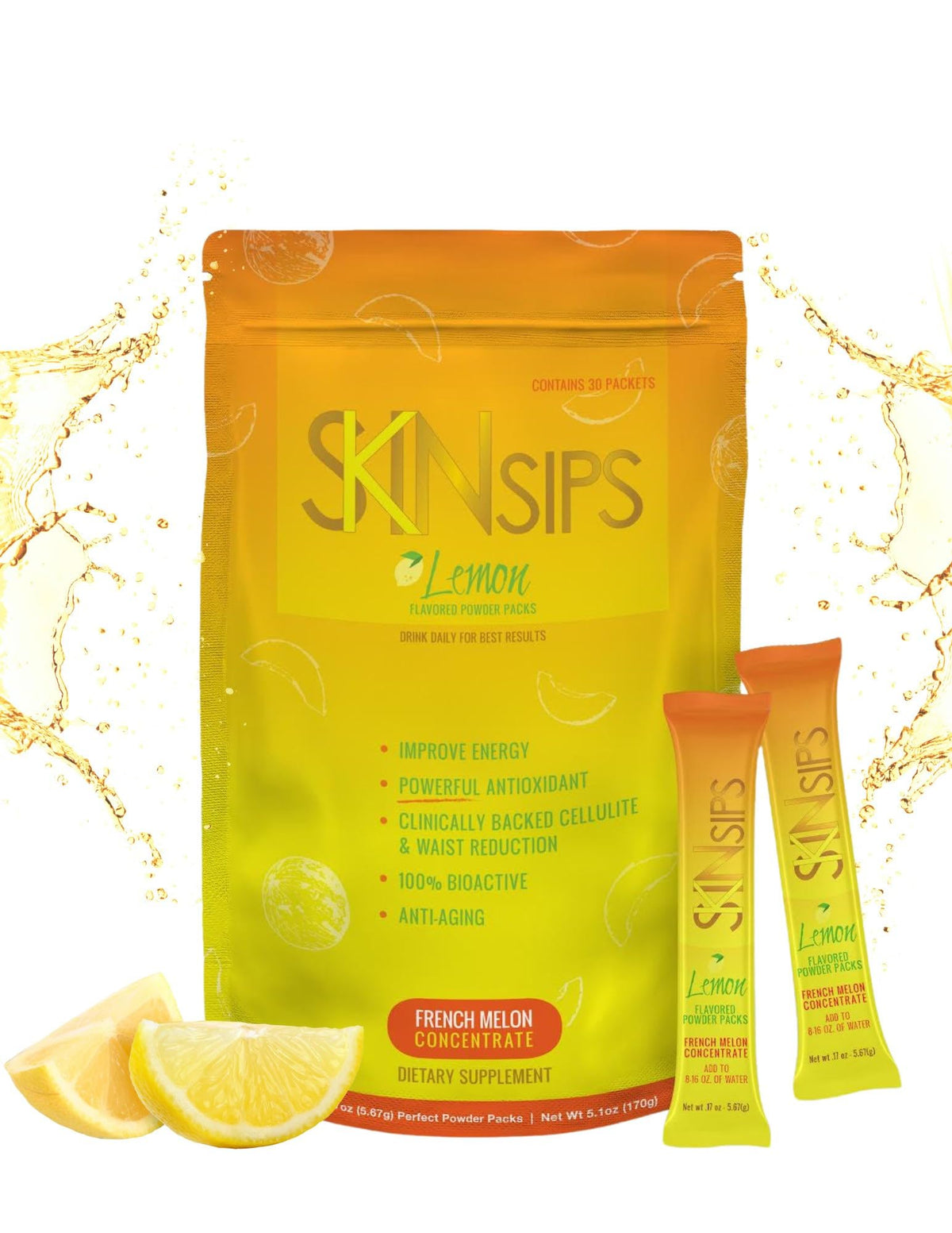SkinSips lemon stick packet ready to mix for on-the-go hydration