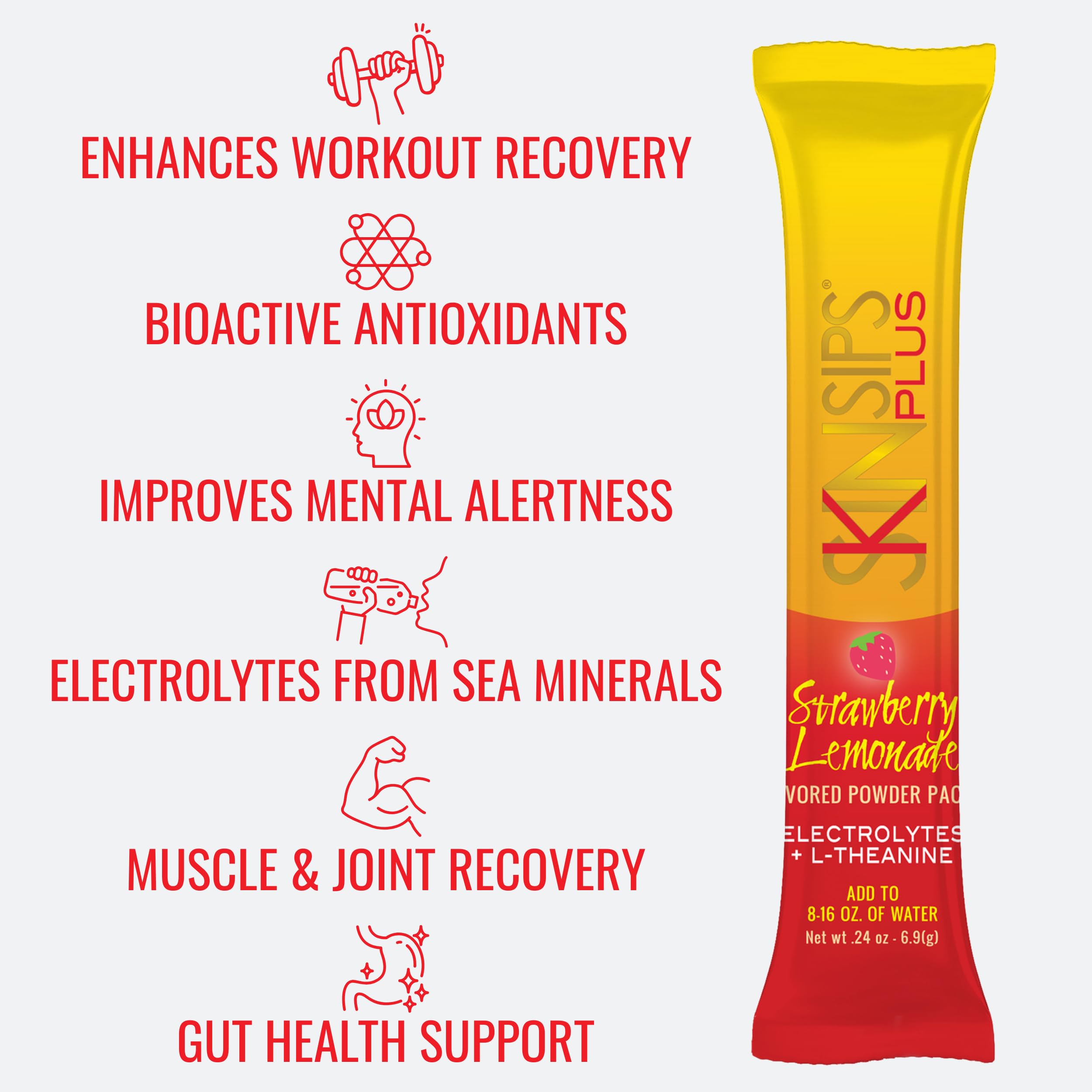 SkinSips Plus Electrolyte powder packets and bottle on desk