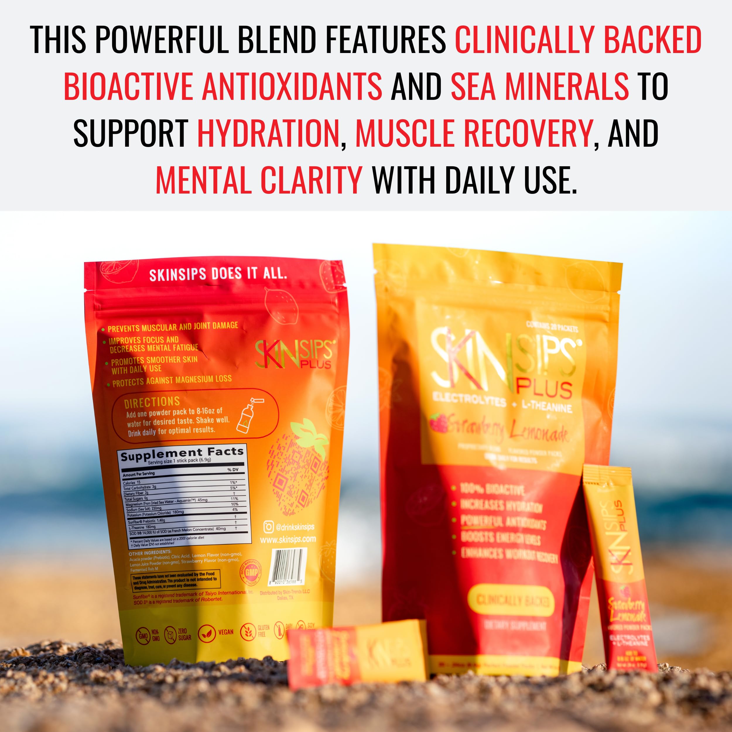 SkinSips Plus Electrolyte ingredients close-up highlighting antioxidants