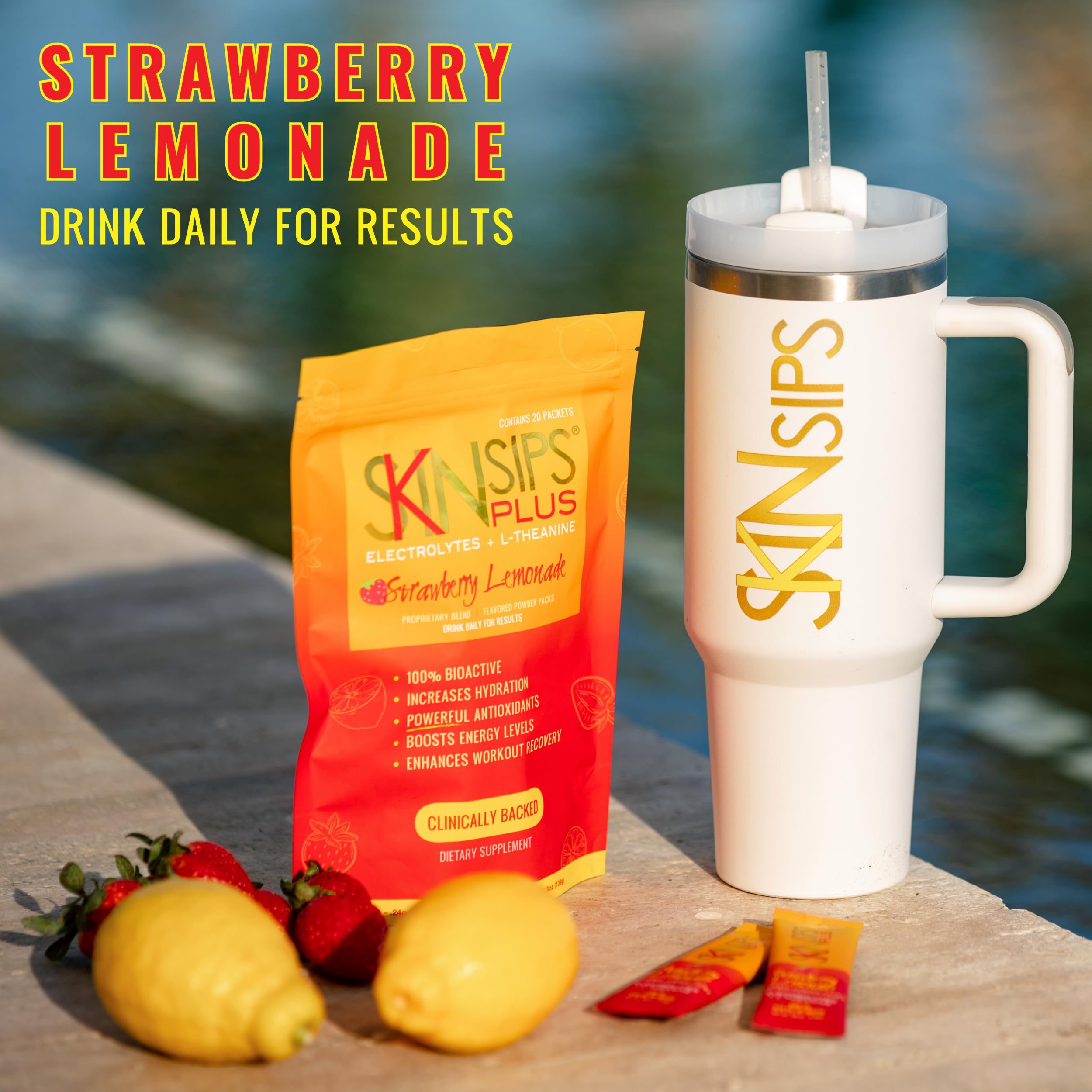 SkinSips Plus Electrolyte powder being stirred into water