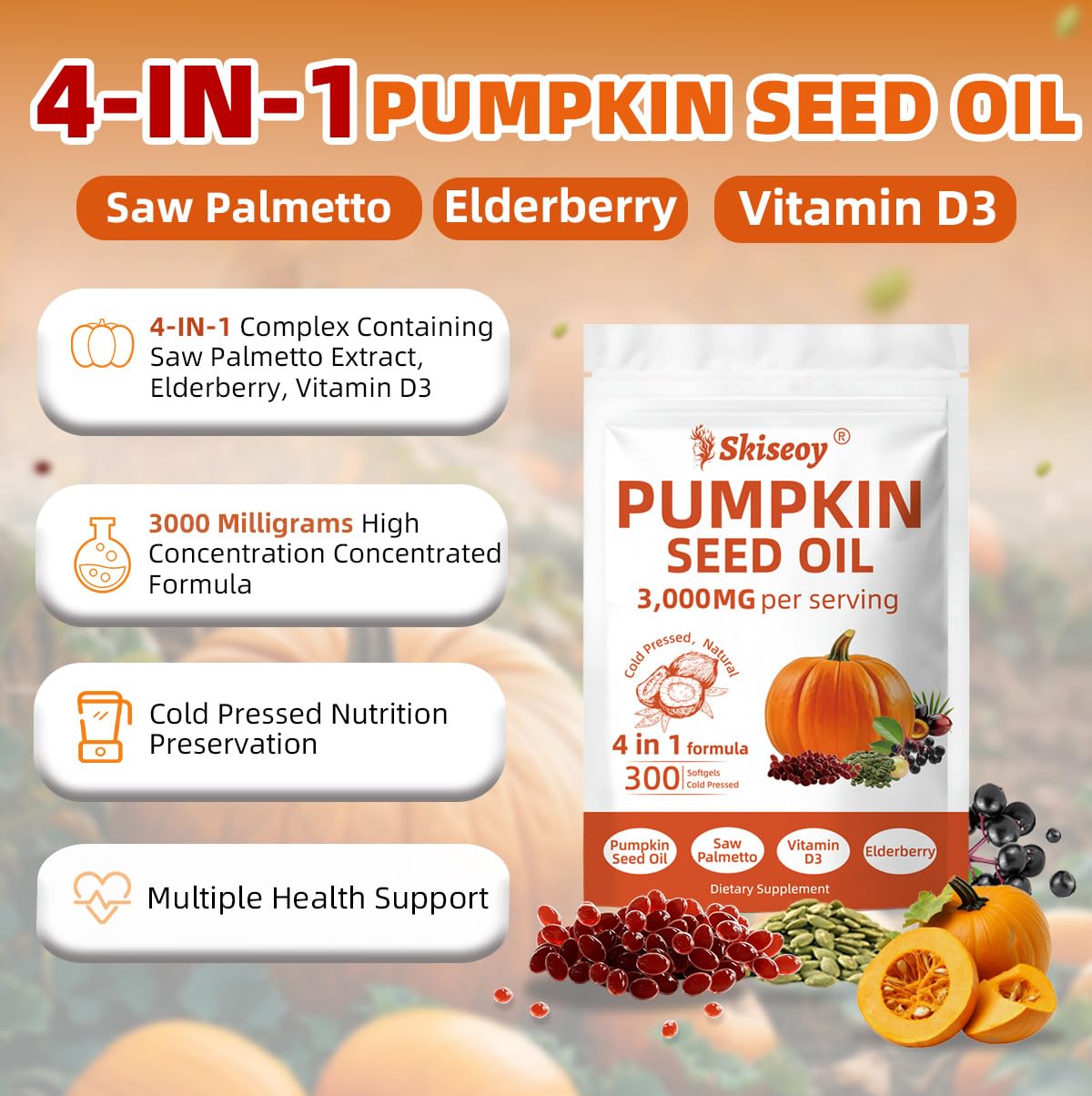 Close-up of Skiseoy cold-pressed pumpkin seed oil 3000mg bottle