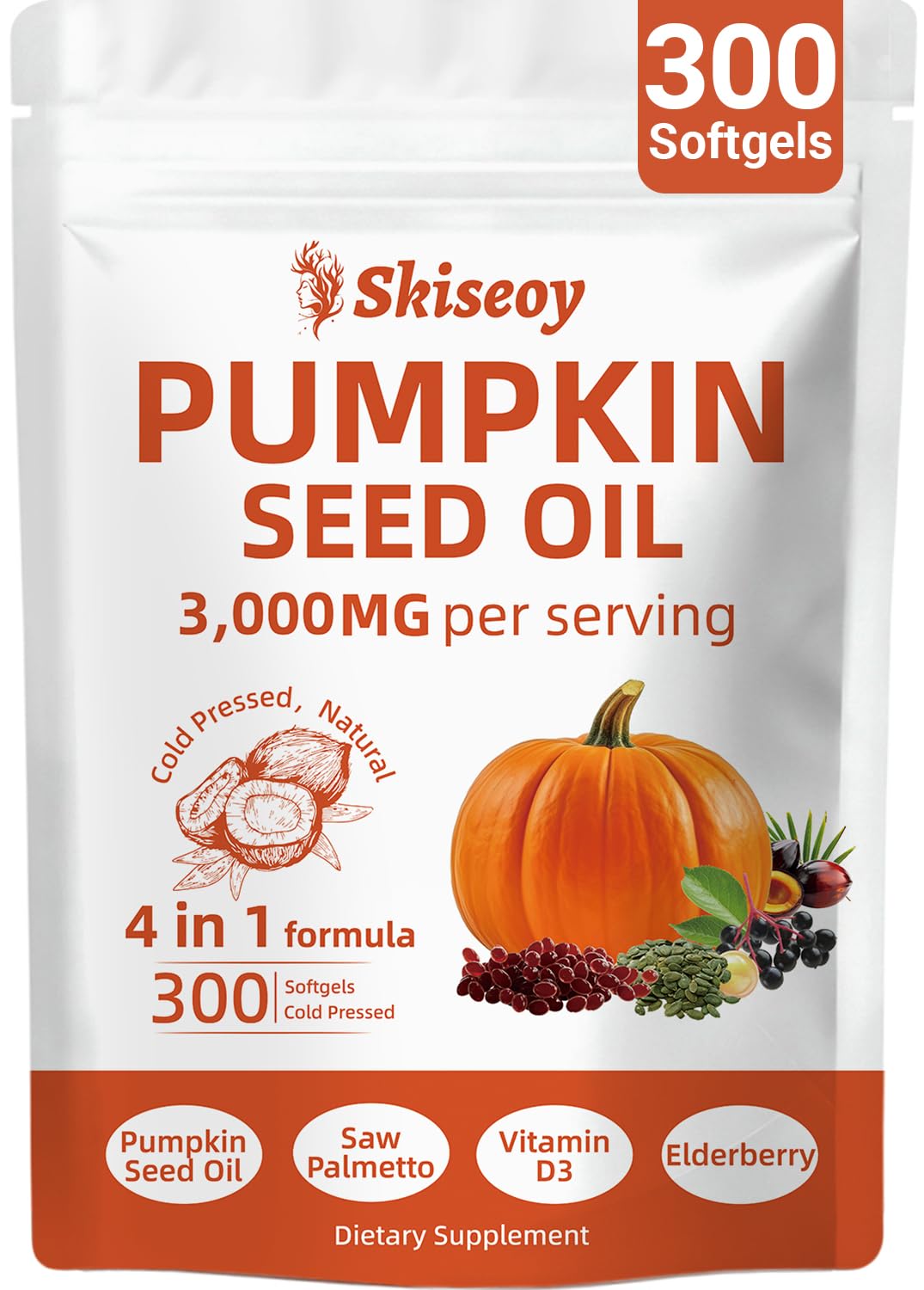 Skiseoy pumpkin seed oil bottle with saw palmetto for daily wellness.
