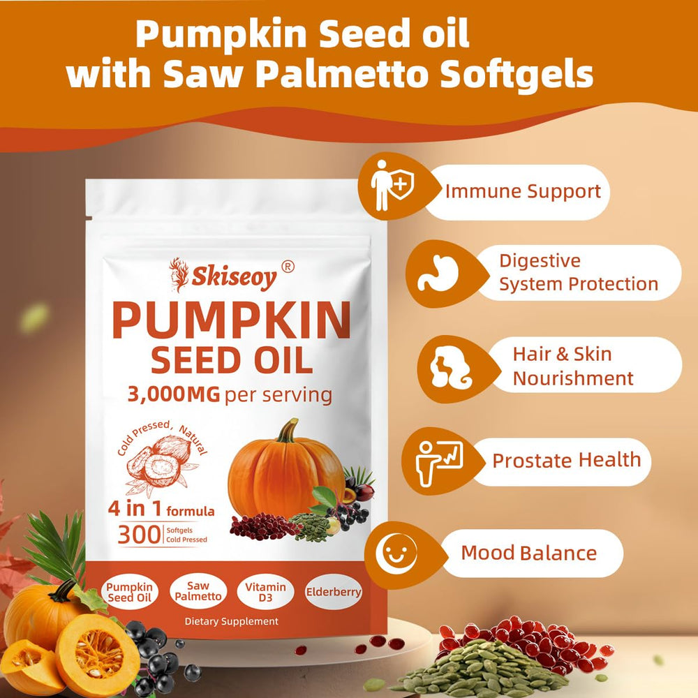 Skiseoy saw palmetto and vitamin D3 softgels on white tray