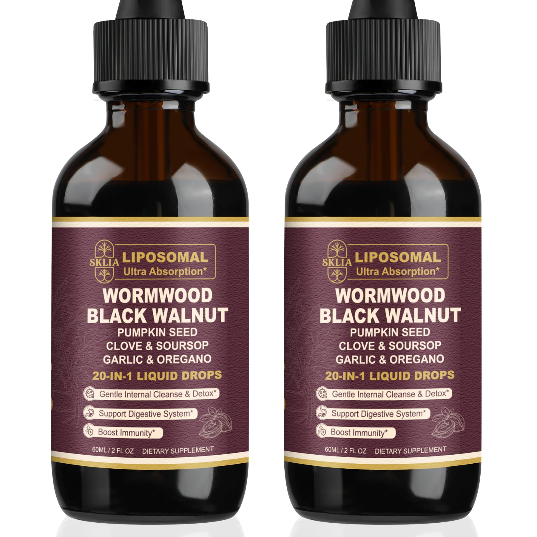 SKLIA 20-in-1 liposomal wormwood bottle drops shown for enhanced gut support.