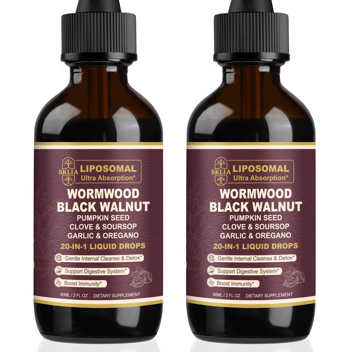 SKLIA 20-in-1 liposomal wormwood bottle drops shown for enhanced gut support.