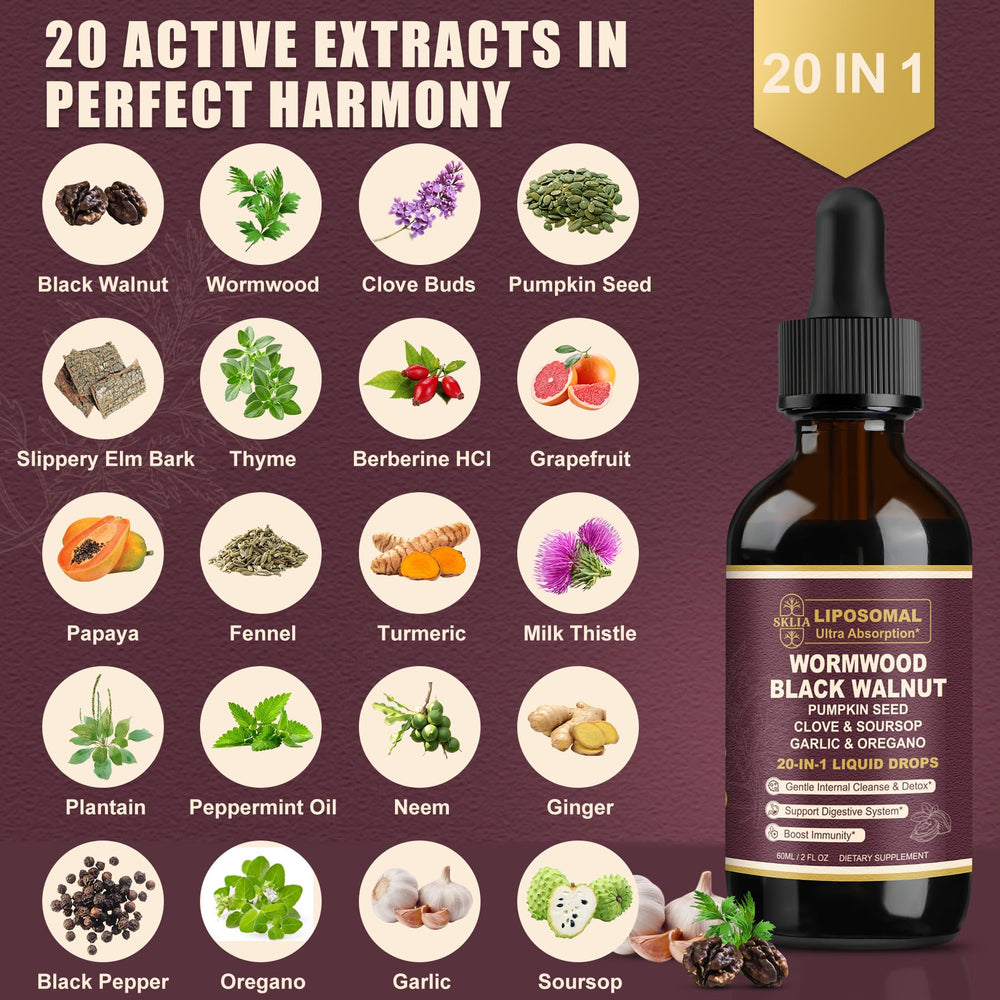 SKLIA label highlights 20 botanicals for digestive support.