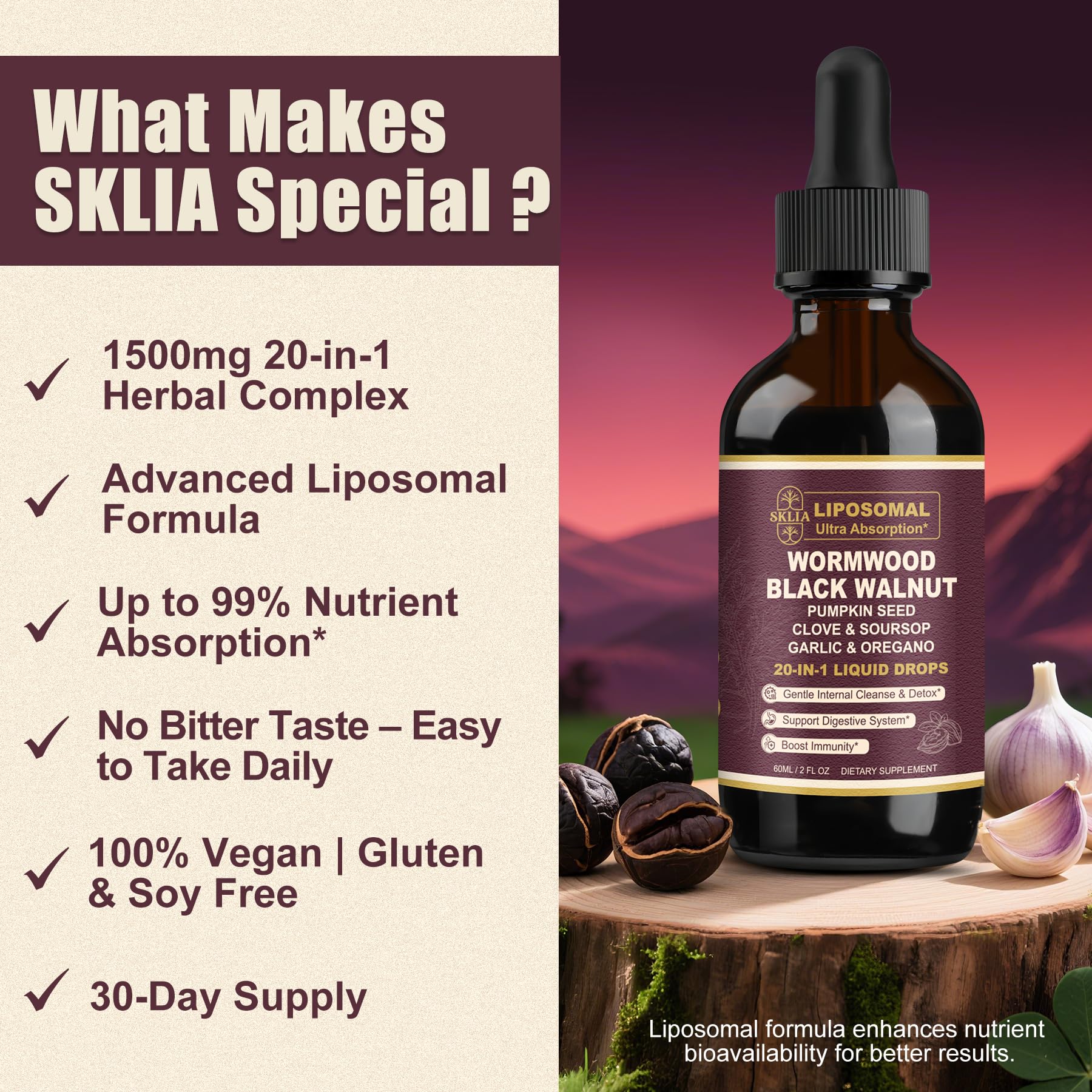 Vegan, allergen-free SKLIA formulation for plant-based wellness.